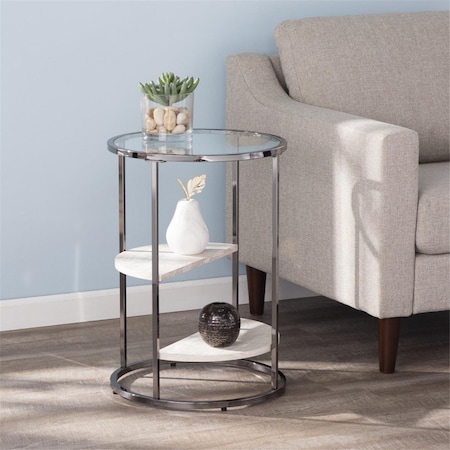 Gfancy Fixtures 24 in. Metal Glass & Faux Marble Round End Table with Two Shelves Black GF3101714